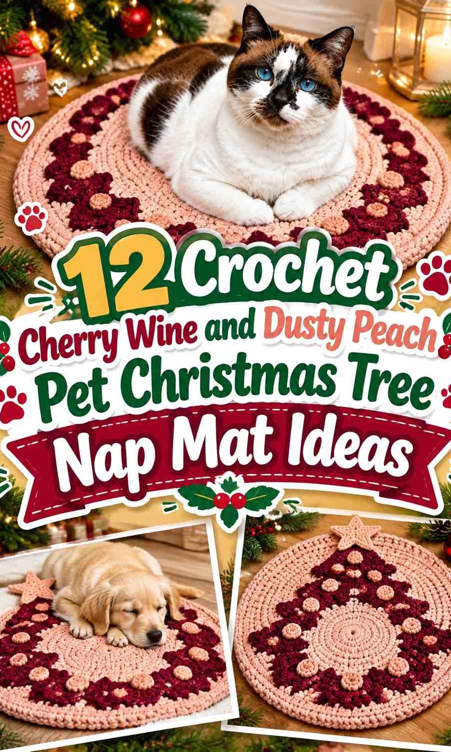 Crochet Cherry Wine and Dusty Peach Pet Christmas Tree Nap Mat Ideas