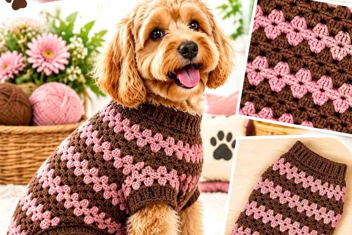 Crochet Cocoa Brown and Dusty Rose Dog Granny Stripe Sweater Ideas