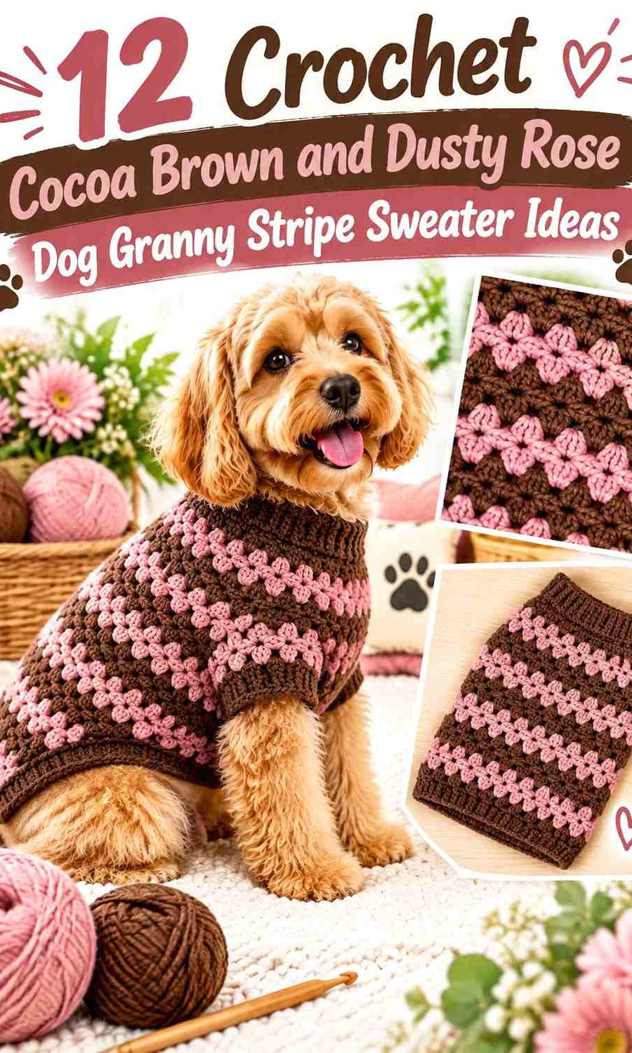 Crochet Cocoa Brown and Dusty Rose Dog Granny Stripe Sweater Ideas