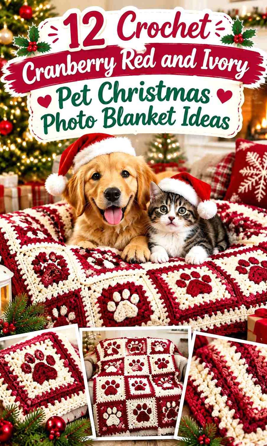 Crochet Cranberry Red and Ivory Pet Christmas Photo Blanket Ideas