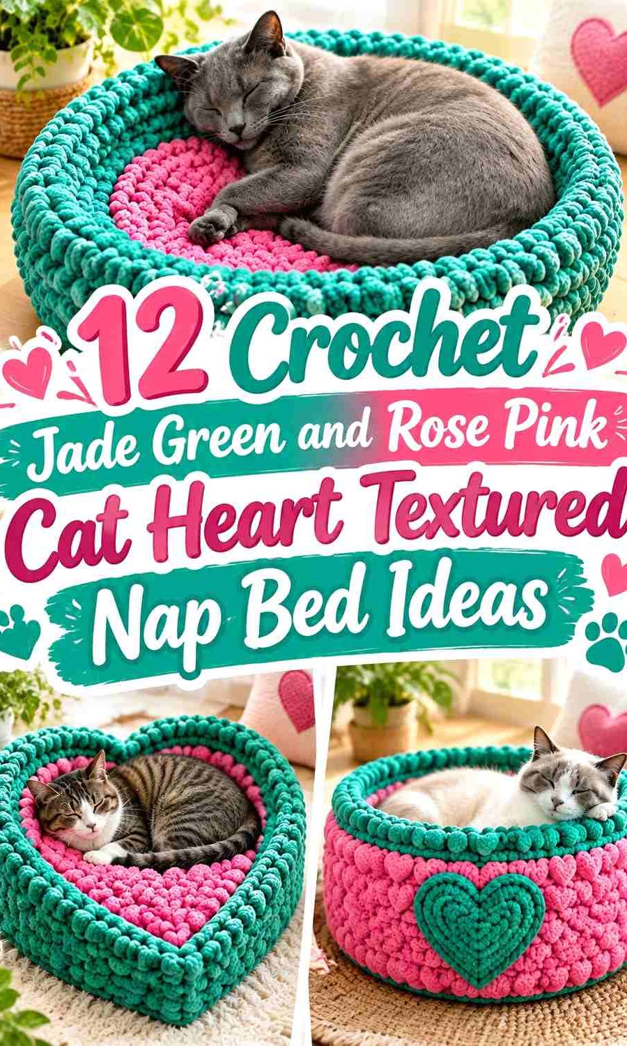 Crochet Jade Green and Rose Pink Cat Heart Textured Nap Bed Ideas