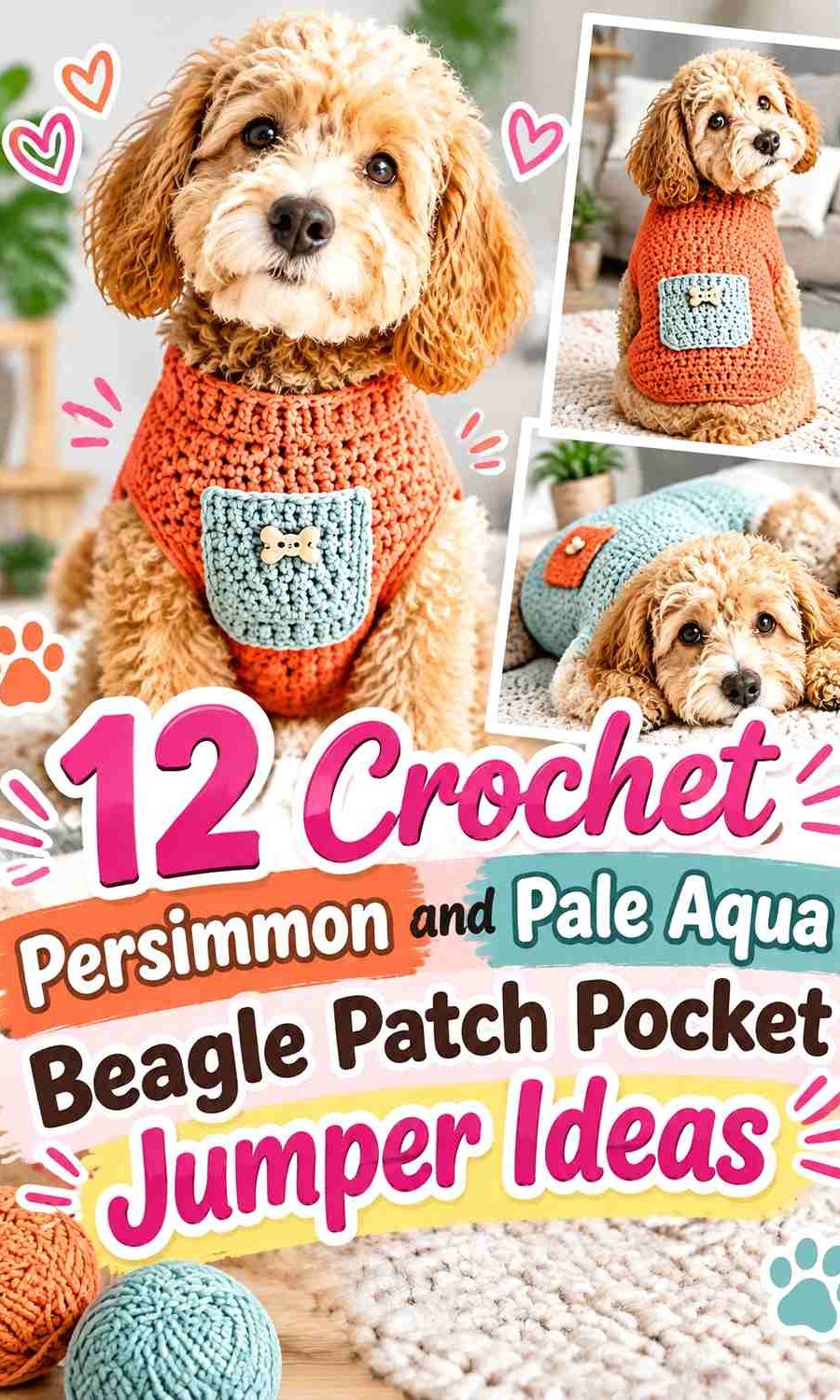 Crochet Persimmon and Pale Aqua Beagle Patch Pocket Jumper Ideas