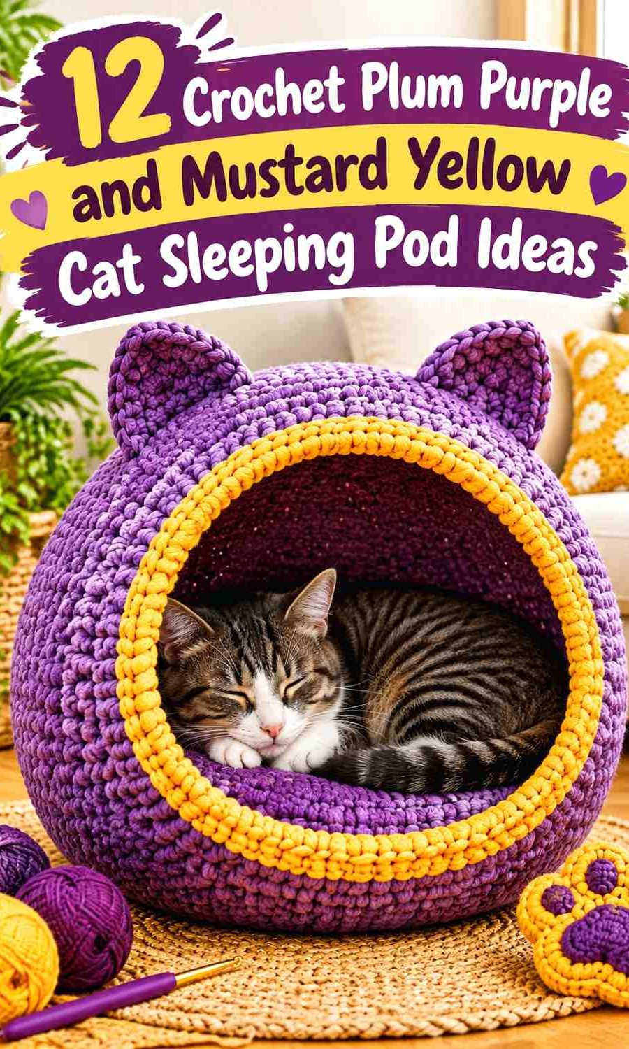 Crochet Plum Purple and Mustard Yellow Cat Sleeping Pod Ideas