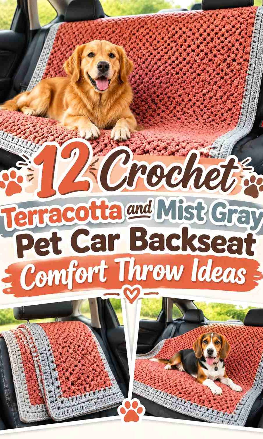 Crochet Terracotta and Mist Gray Pet Car Backseat Comfort Throw Ideas