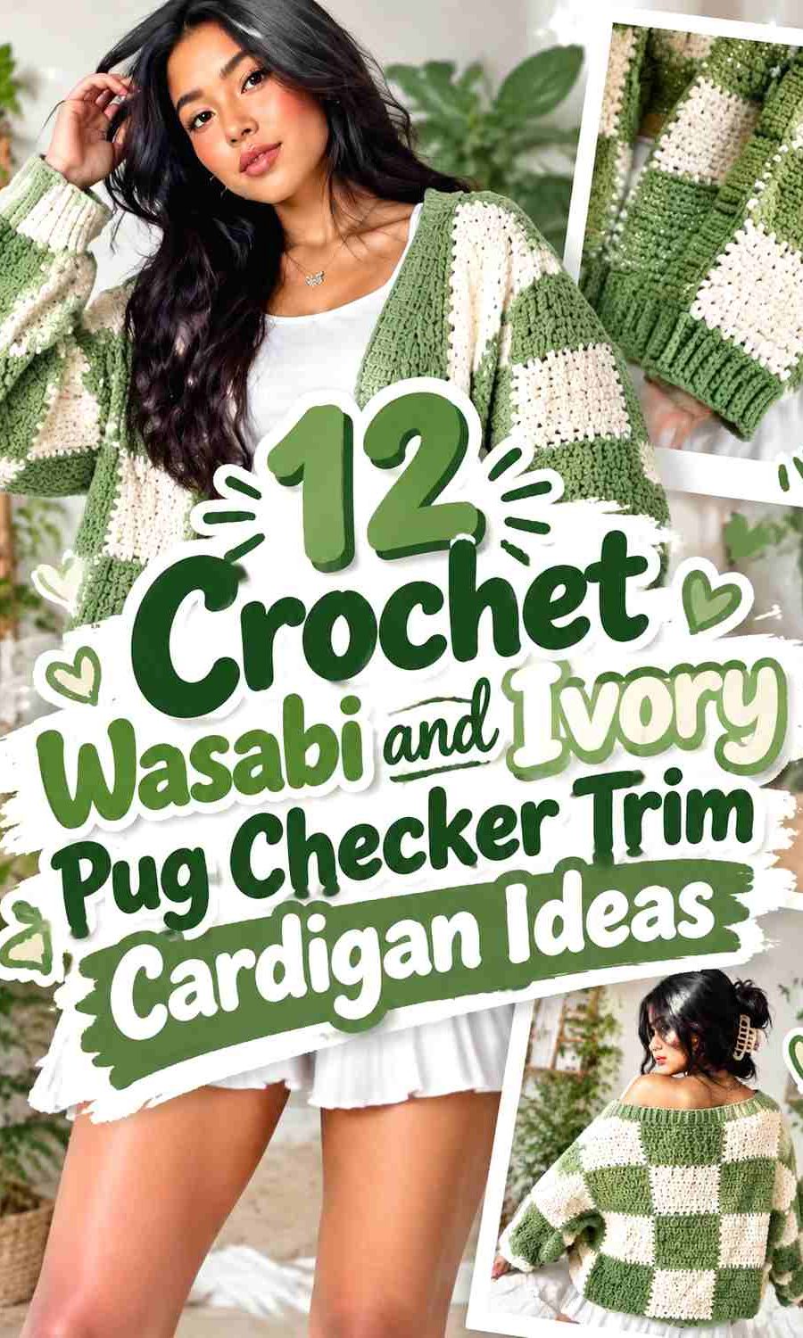Crochet Wasabi and Ivory Pug Checker Trim Cardigan Ideas