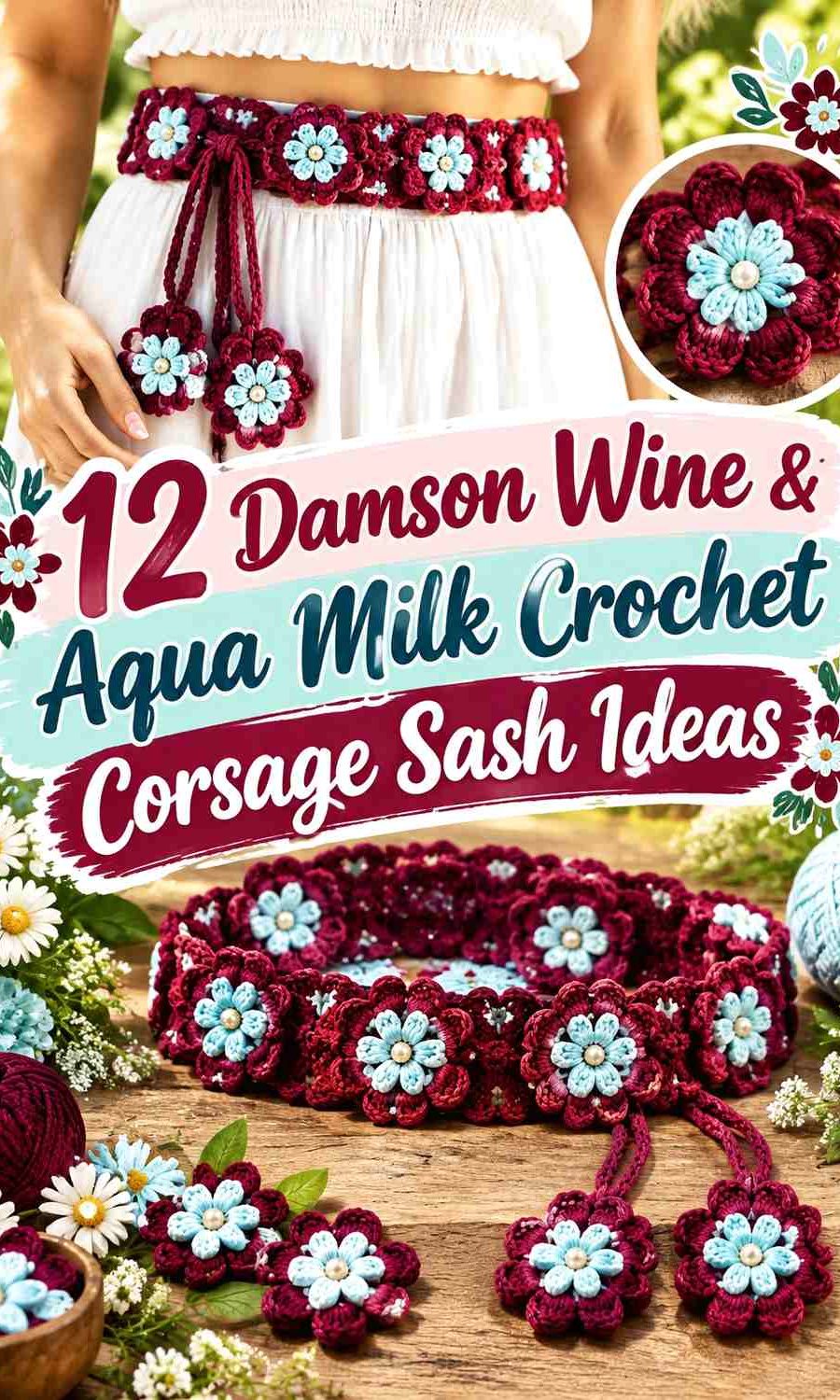 Damson Wine & Aqua Milk Crochet Corsage Sash Ideas