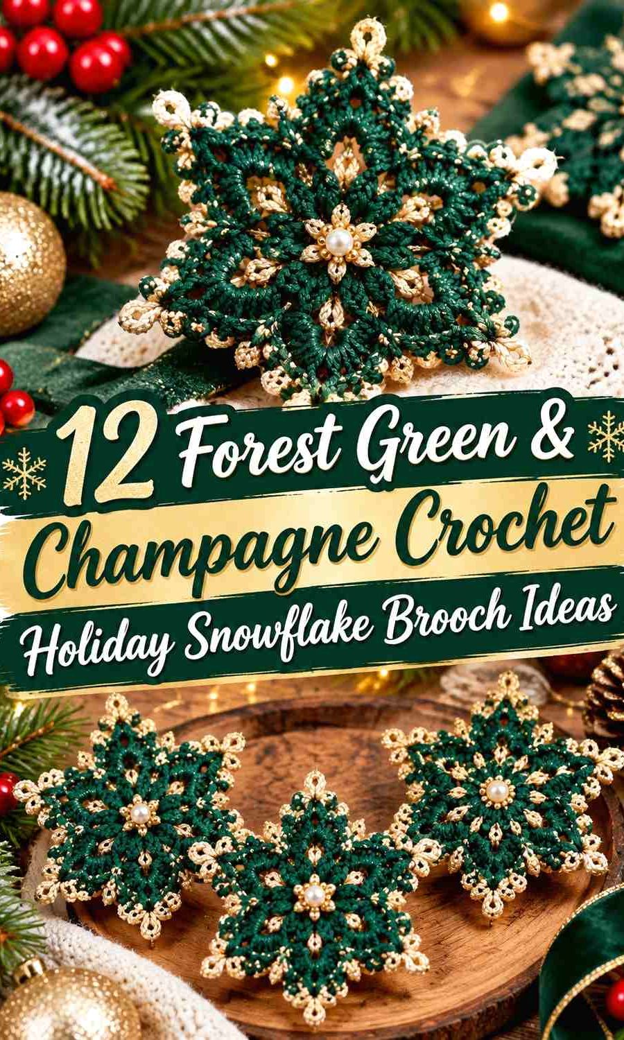 Forest Green & Champagne Crochet Holiday Snowflake Brooch Ideas