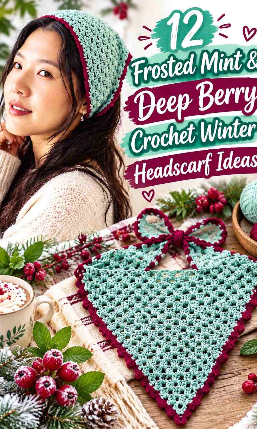 Frosted Mint & Deep Berry Crochet Winter Headscarf Ideas