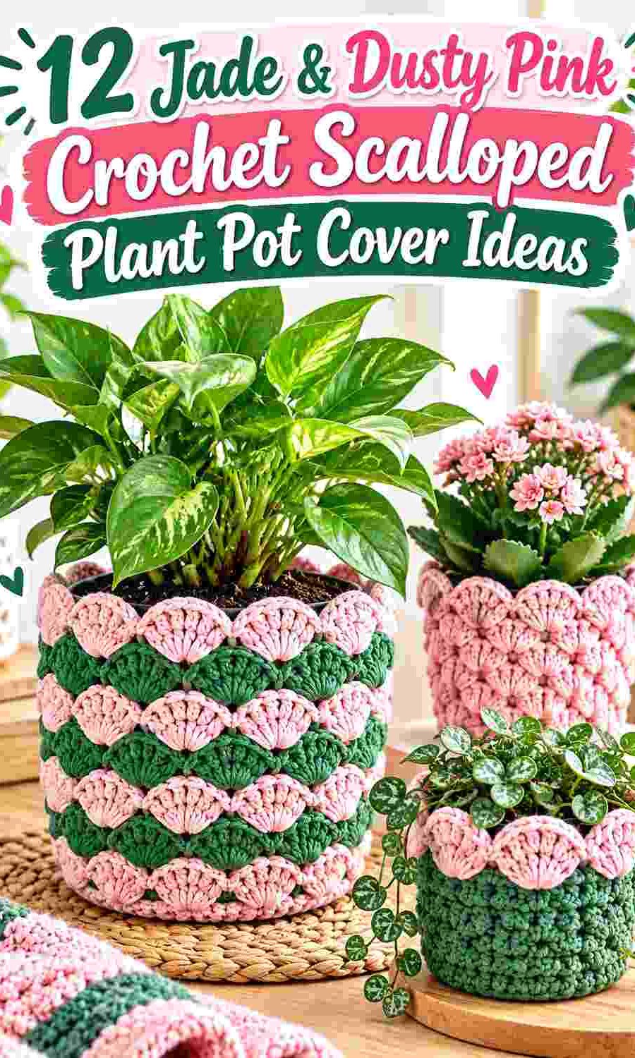 12 Jade & Dusty Pink Crochet Scalloped Plant Pot Cover Ideas