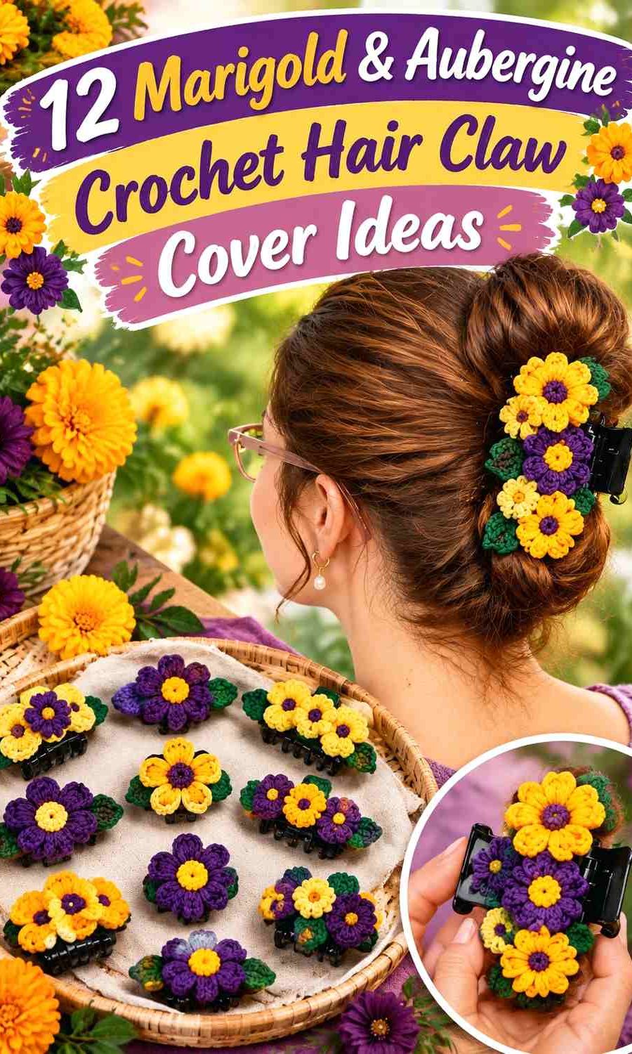 12 Marigold & Aubergine Crochet Hair Claw Cover Ideas