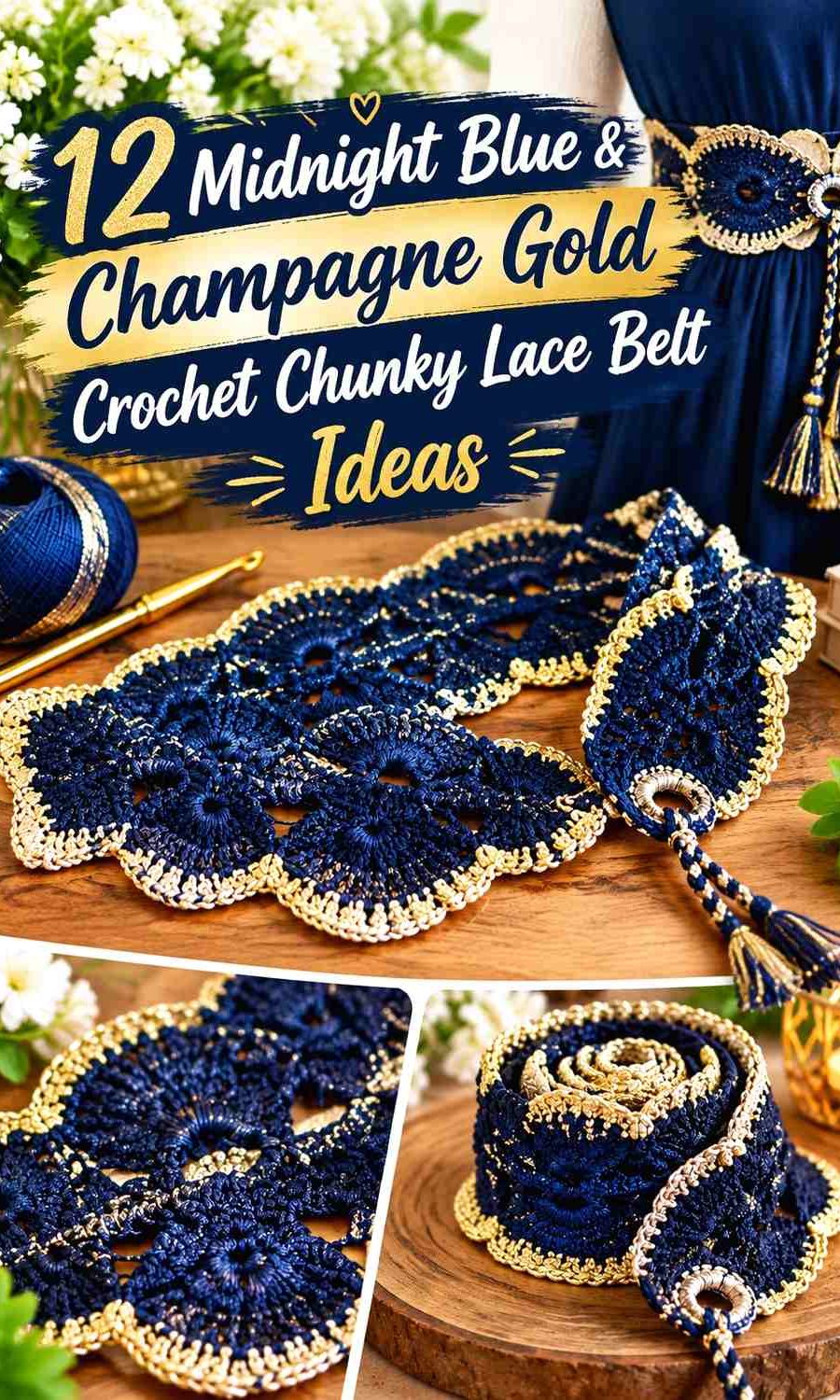 Midnight Blue & Champagne Gold Crochet Chunky Lace Belt Ideas