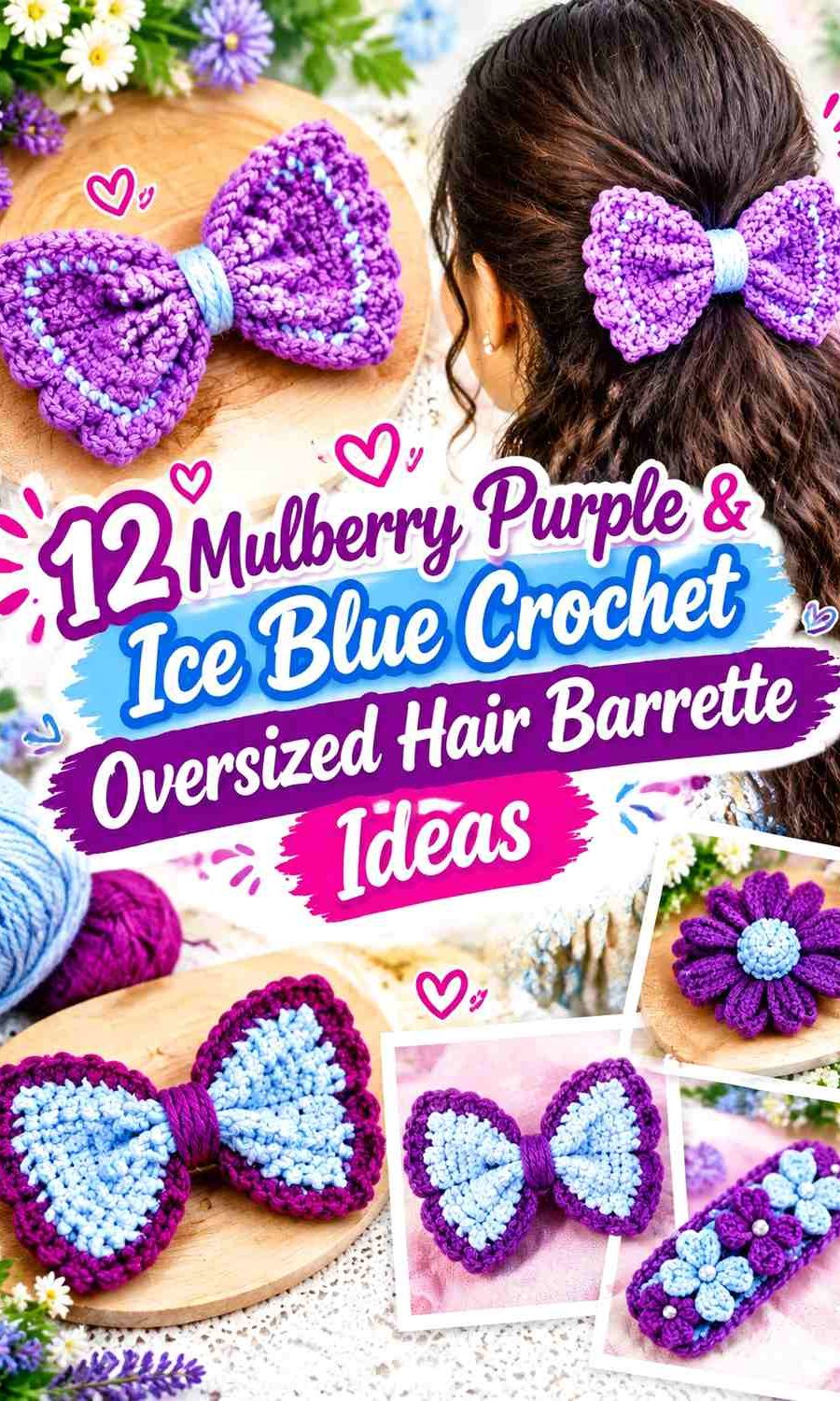 Mulberry Purple Crochet Oversized Hair Barrette With Ice Blue Clip Cover