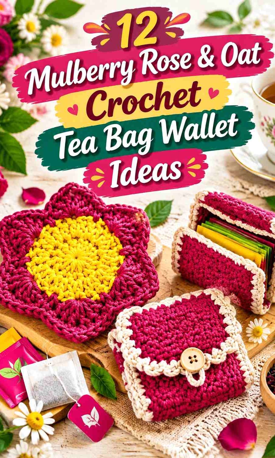 Mulberry Rose Outer-Cover Crochet Tea Bag Wallet With an Oat Interior