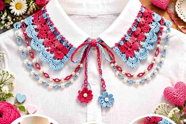 Paprika Berry & Mist Blue Crochet Shirt Collar Chain Accent Ideas