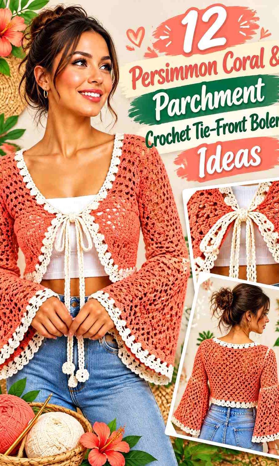 Persimmon Coral & Parchment Crochet Tie-Front Bolero Ideas