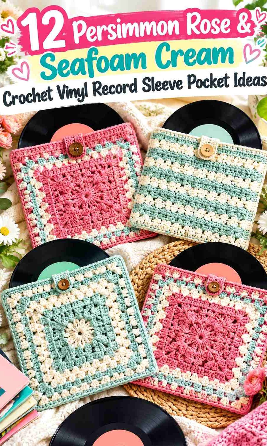 Persimmon Rose & Seafoam Cream Crochet Vinyl Record Sleeve Pocket Ideas