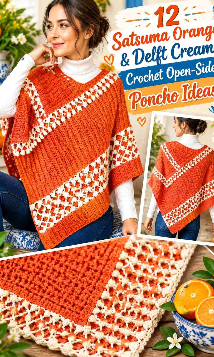 Satsuma Orange & Delft Cream Crochet Open-Side Poncho Ideas