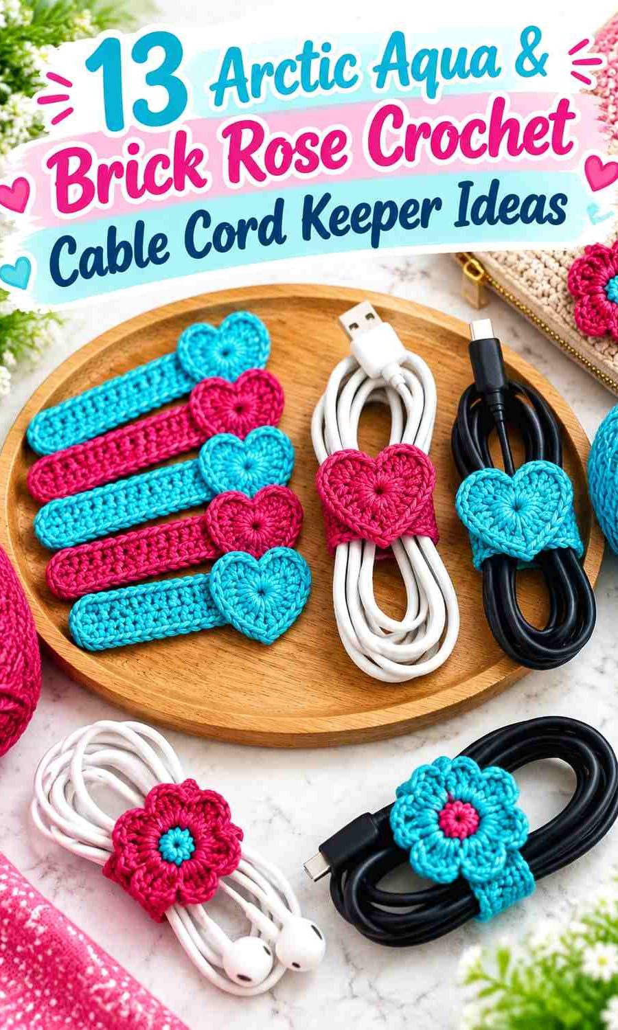 Arctic Aqua & Brick Rose Crochet Cable Cord Keeper Ideas