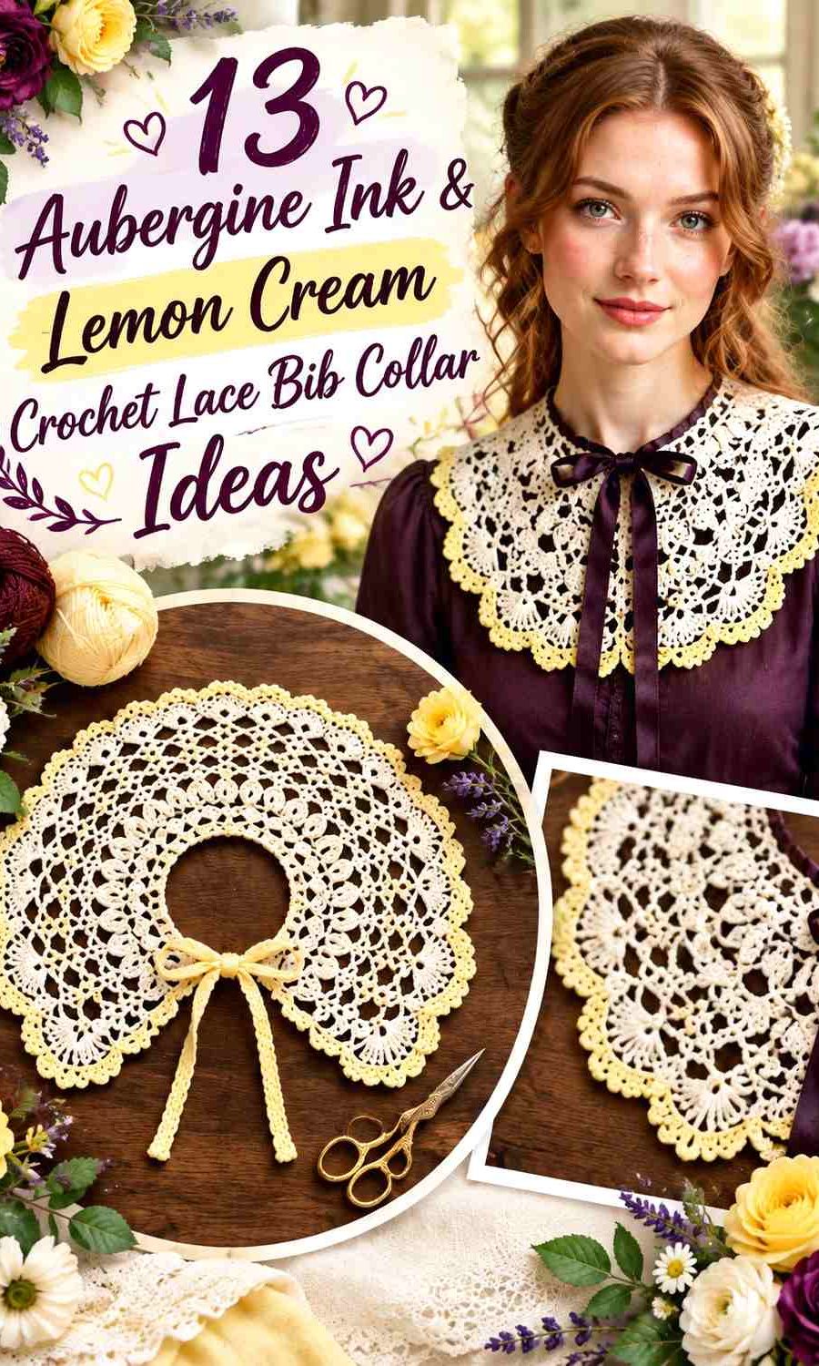 Aubergine Ink & Lemon Cream Crochet Lace Bib Collar Ideas