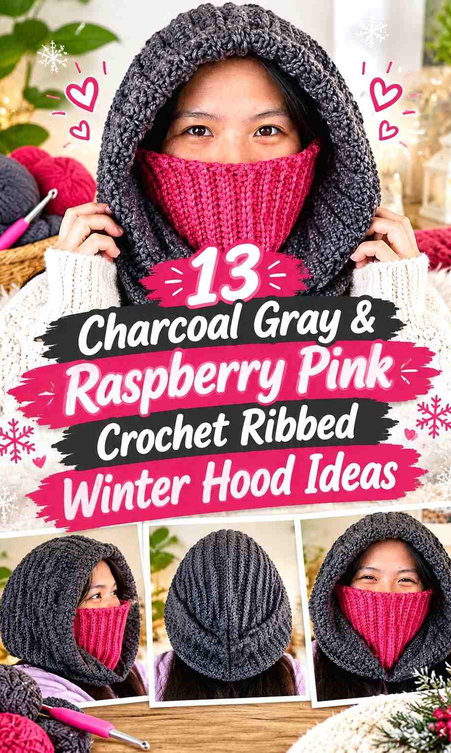 Charcoal Gray & Raspberry Pink Crochet Ribbed Winter Hood Ideas