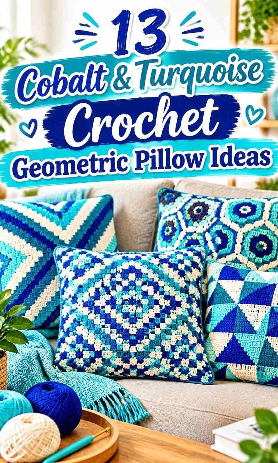 13 Cobalt & Turquoise Crochet Geometric Pillow Ideas