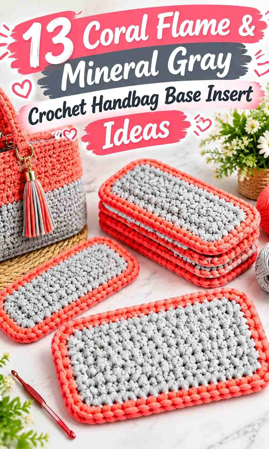 Coral Flame & Mineral Gray Crochet Handbag Base Insert Ideas