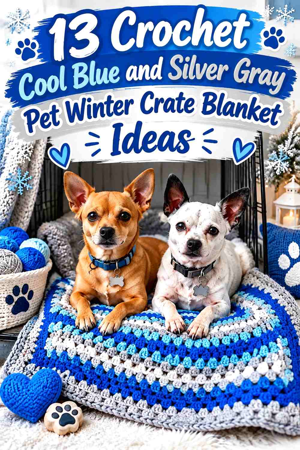 Cool Blue and Silver Gray Waffle-Texture Crochet Pet Crate Blanket