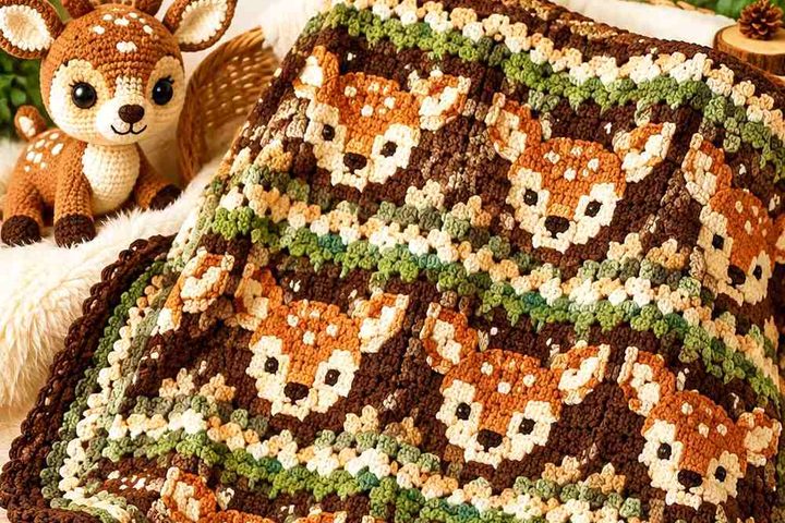 Crochet Fawn Print Baby Blanket Ideas in Woodland Colors