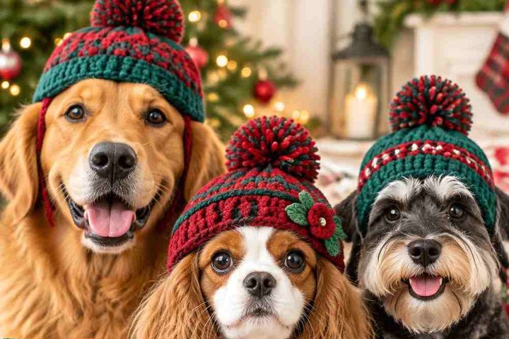 Crochet Forest Green and Cranberry Dog Christmas Beanie Ideas