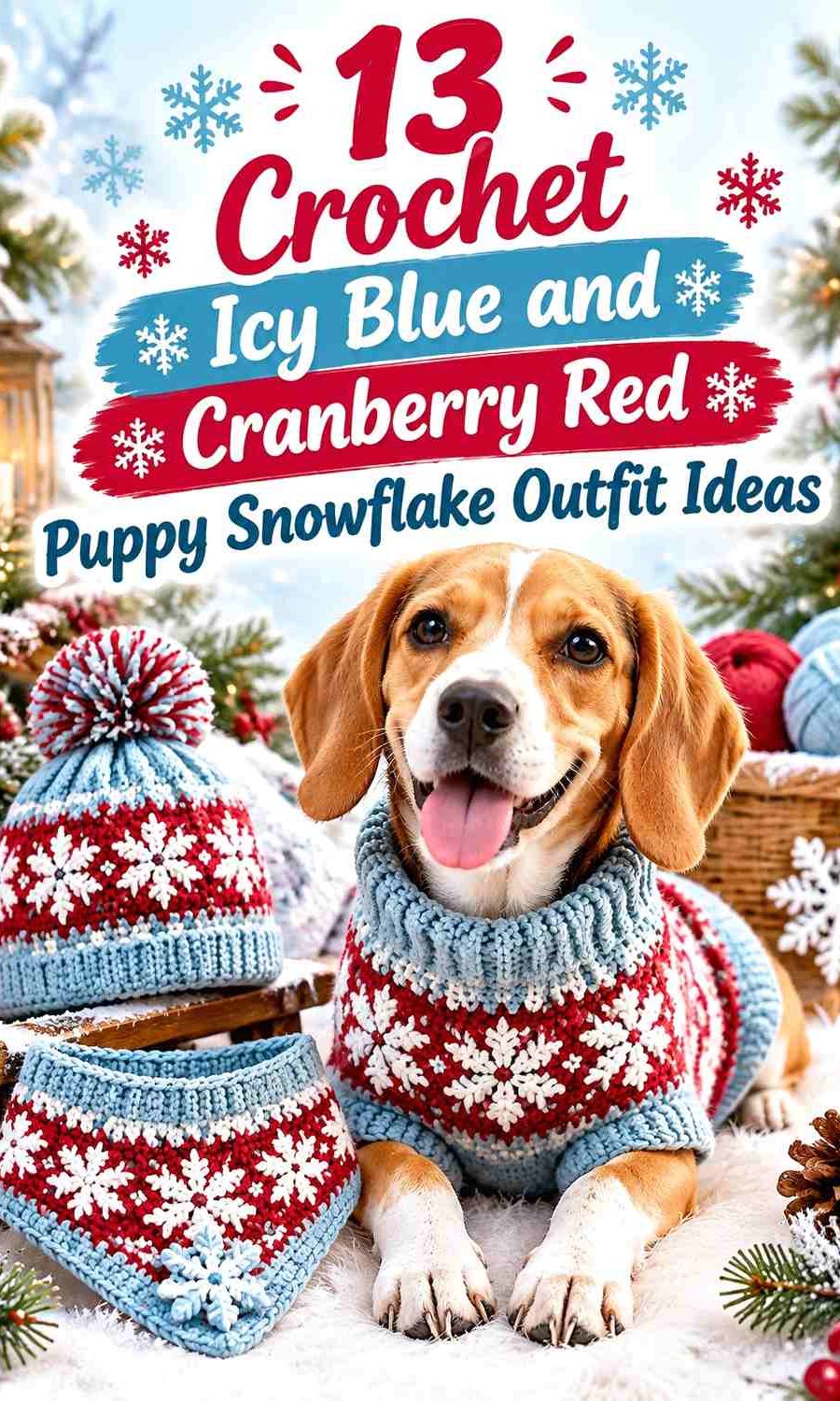 Crochet Icy Blue and Cranberry Red Puppy Snowflake Outfit Ideas