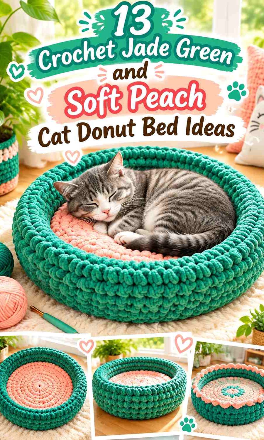 Crochet Jade Green and Soft Peach Cat Donut Bed Ideas