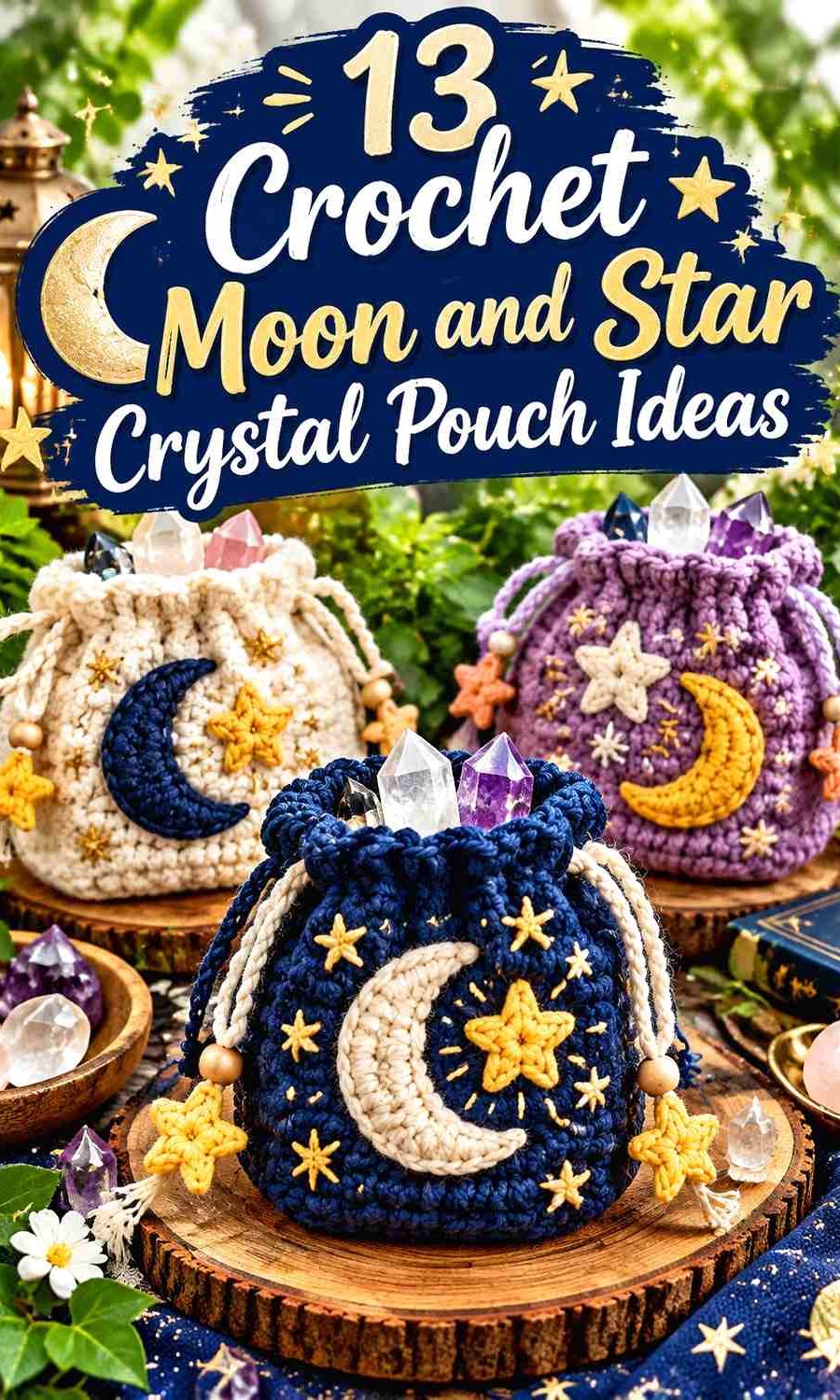 Crochet Moon and Star Crystal Pouch Ideas in Celestial Colors