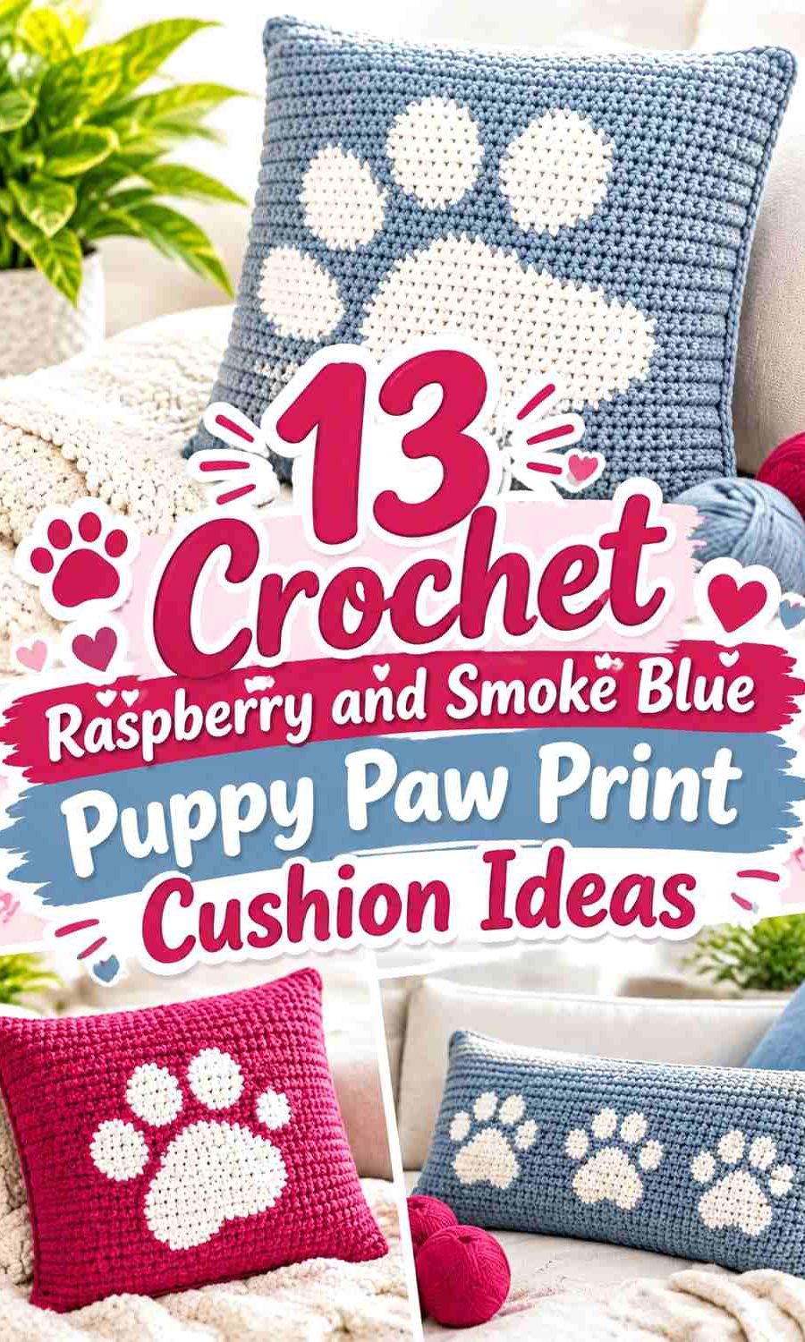 Crochet Raspberry and Smoke Blue Puppy Paw Print Cushion Ideas