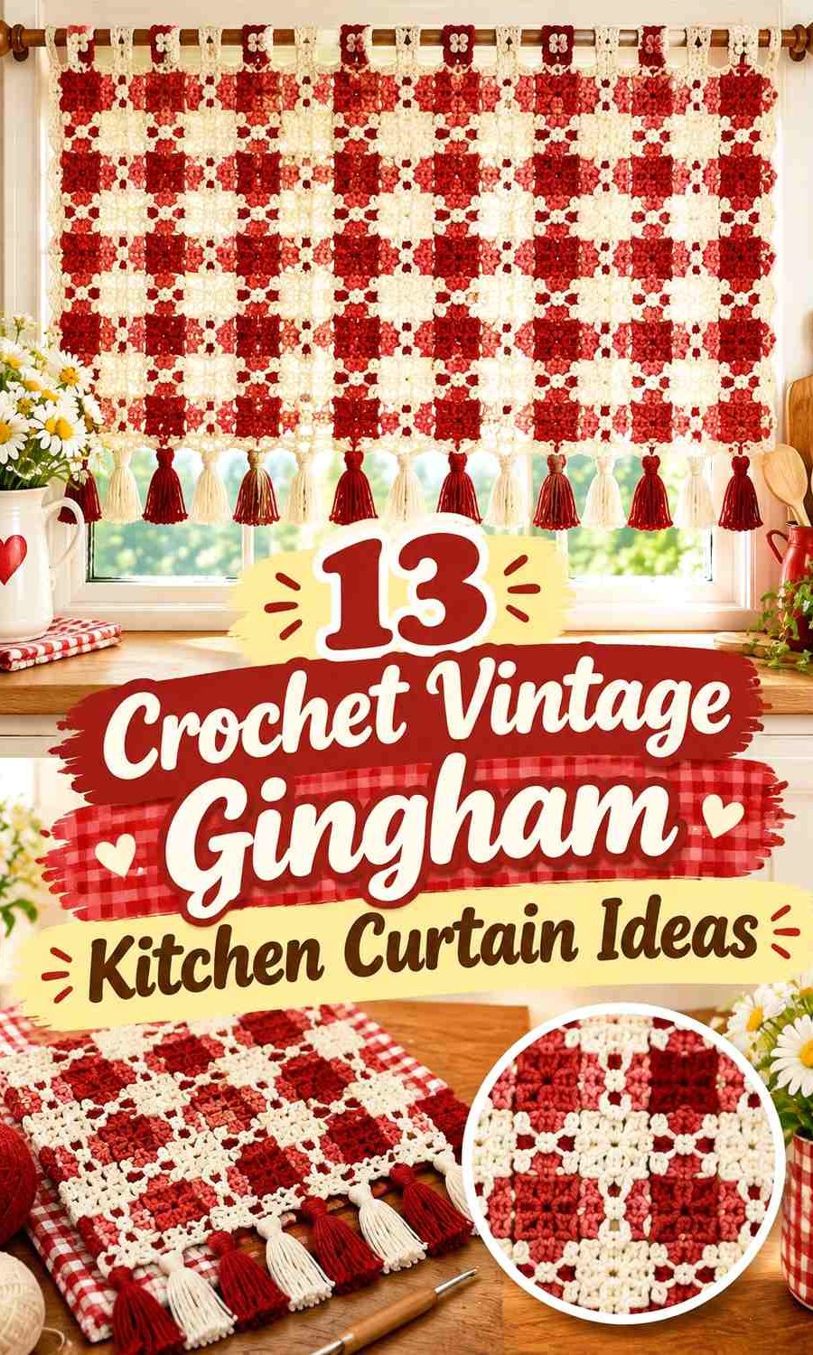 Crochet Vintage Gingham Kitchen Curtain Ideas With Cozy Color Schemes