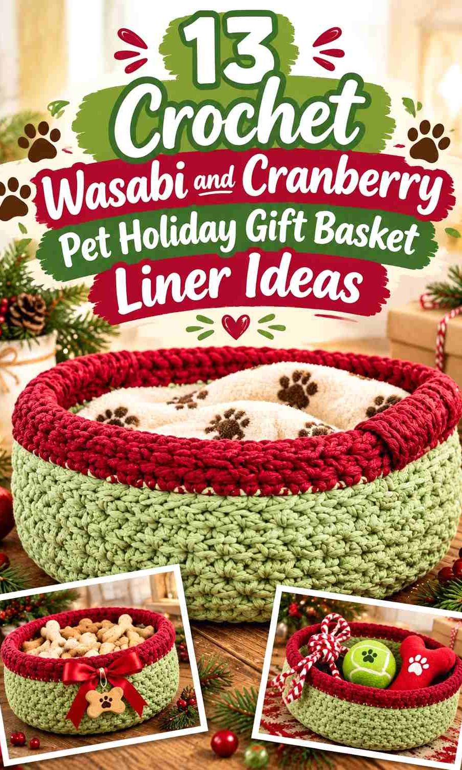 Crochet Wasabi & Cranberry Pet Holiday Gift Basket Liner Ideas