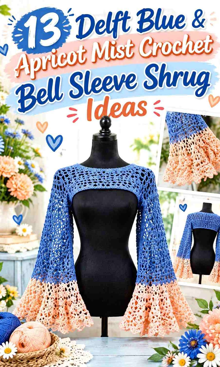 Delft Blue & Apricot Mist Crochet Bell Sleeve Shrug Ideas