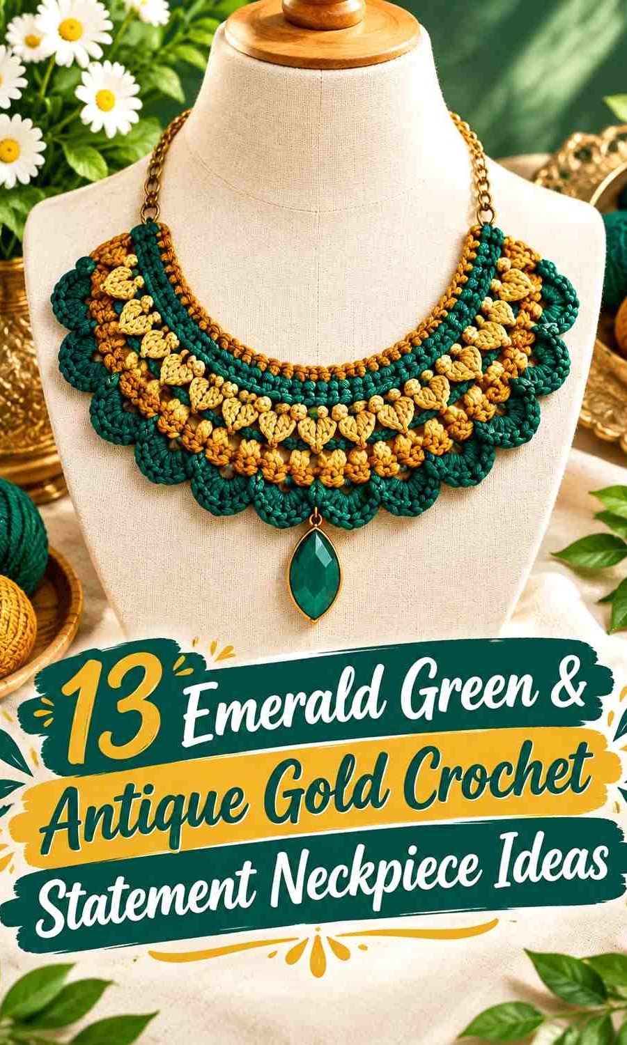 Emerald Green & Antique Gold Crochet Statement Neckpiece Ideas