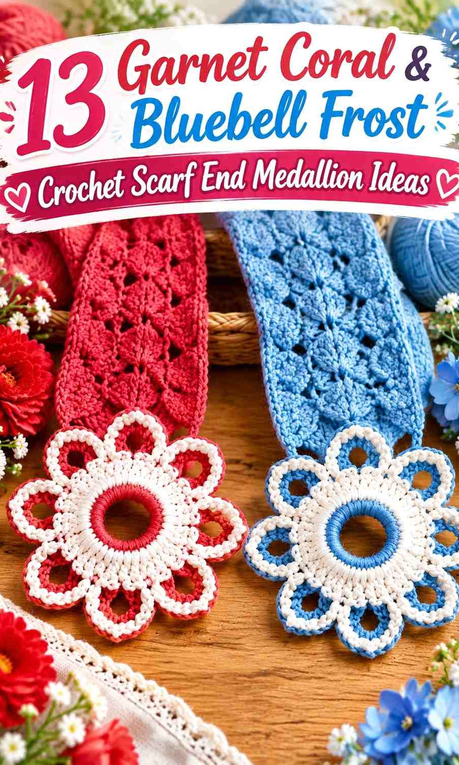 Garnet Coral & Bluebell Frost Crochet Scarf End Medallion Ideas