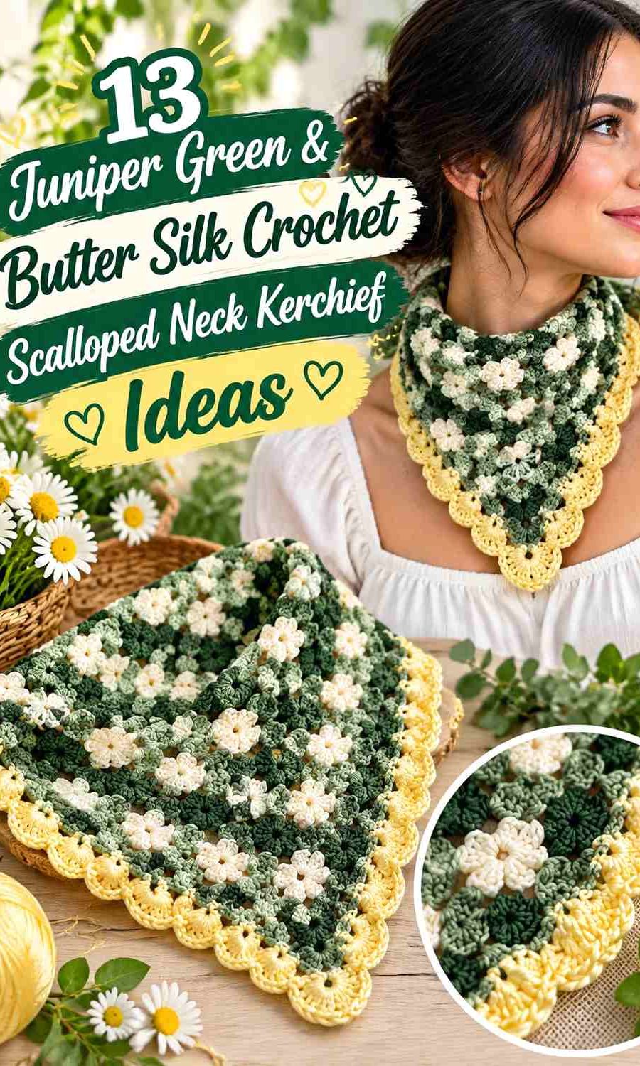 Juniper Green & Butter Silk Crochet Scalloped Neck Kerchief Ideas