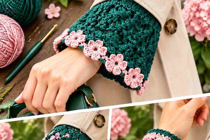 Malachite Green & Rosewater Crochet Trench Coat Cuff Overlay Ideas