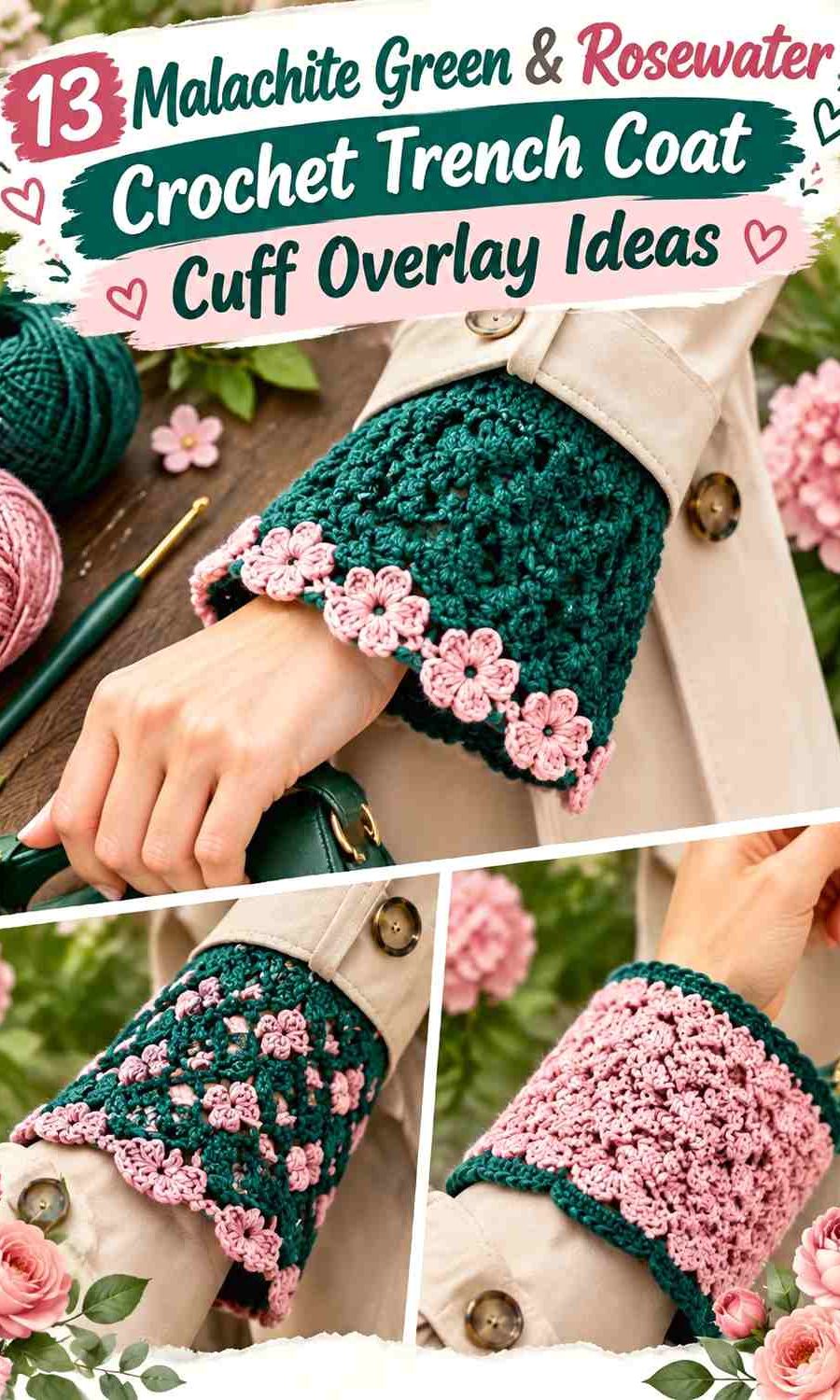 Malachite Green & Rosewater Crochet Trench Coat Cuff Overlay Ideas