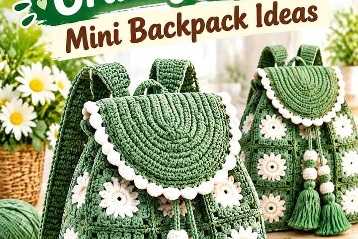 Sage Green & Warm White Crochet Granny Square Mini Backpack Ideas