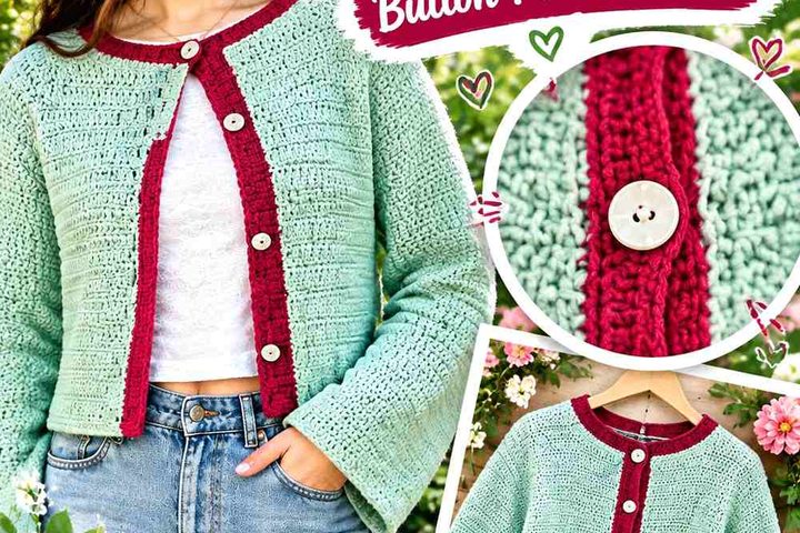 Carmine Berry & Pale Celadon Crochet Vintage Cardigan Button Placket Ideas