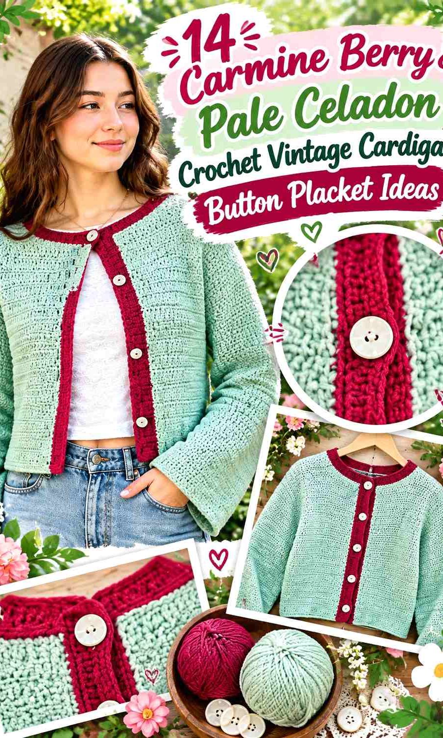 Carmine Berry & Pale Celadon Crochet Vintage Cardigan Button Placket Ideas