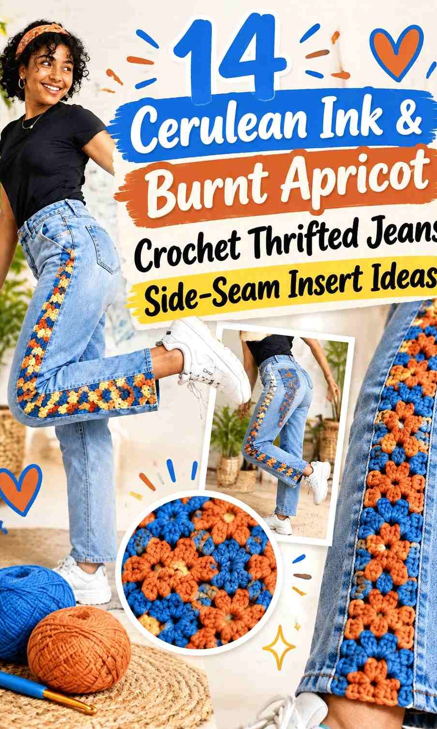 Cerulean Ink & Burnt Apricot Crochet Thrifted Jeans Side-Seam Insert Ideas