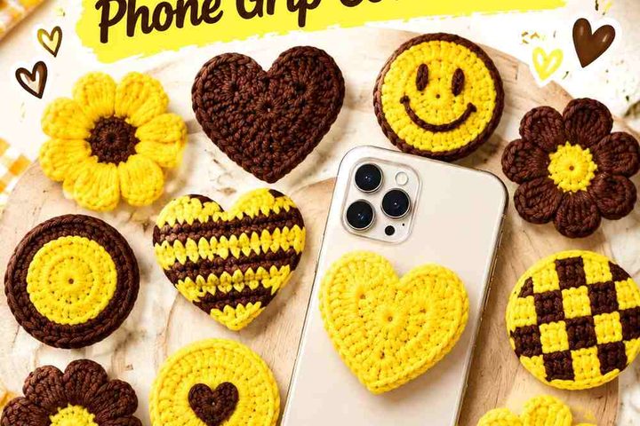 Citron Yellow & Cocoa Crochet Phone Grip Cover Ideas