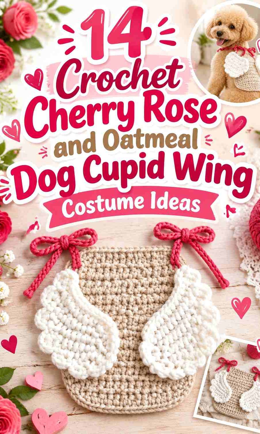 Crochet Cherry Rose and Oatmeal Dog Cupid Wing Costume Ideas