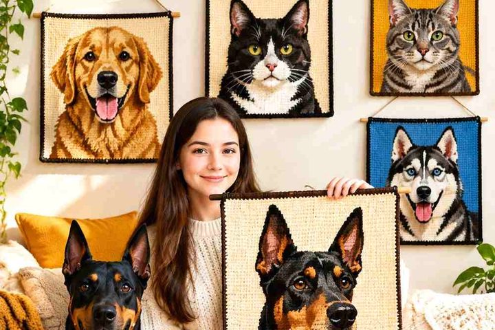 Crochet Dog and Cat Portrait Wall Tapestry Ideas With Modern Color Schemes