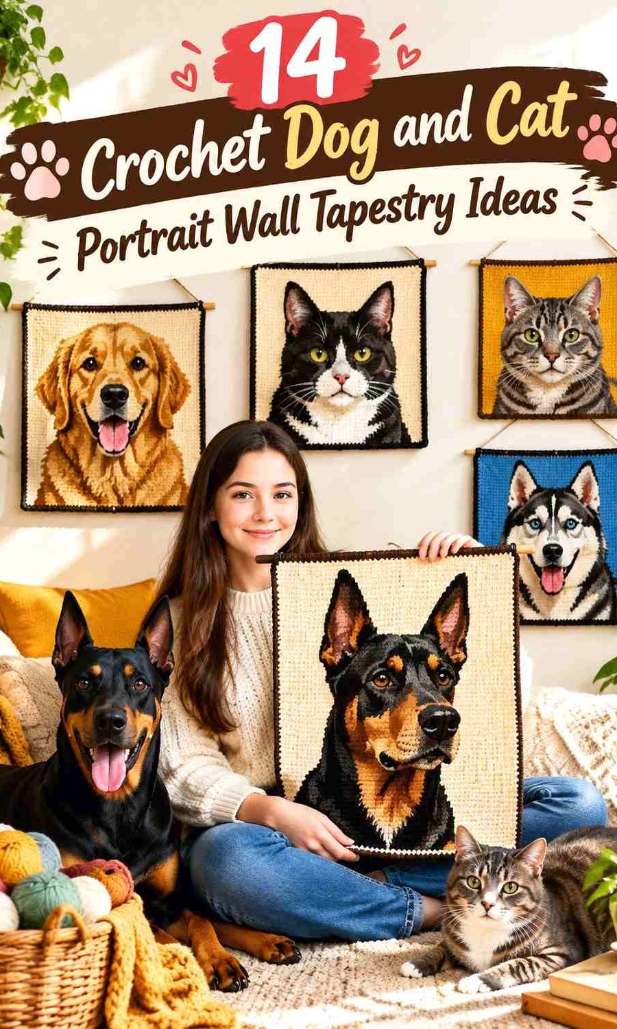 Crochet Dog and Cat Portrait Wall Tapestry Ideas With Modern Color Schemes