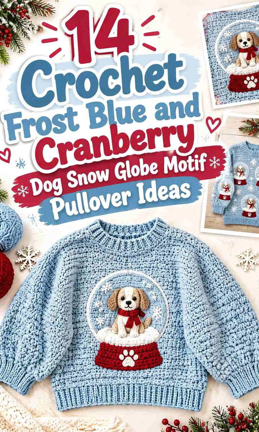 Crochet Frost Blue and Cranberry Dog Snow Globe Motif Pullover Ideas